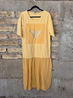Johnny Was Yellow Mixed Media Butterfly Embroidered Maxi T-Shirt Dress L